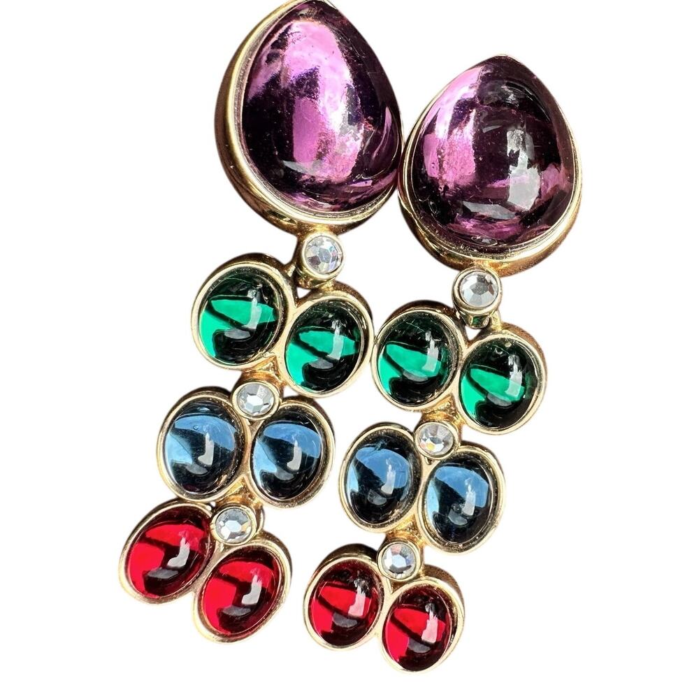 Swarovski Multicolor Crystal Cabochon Drop Earrings Gold Tone Runway Vintage 90s